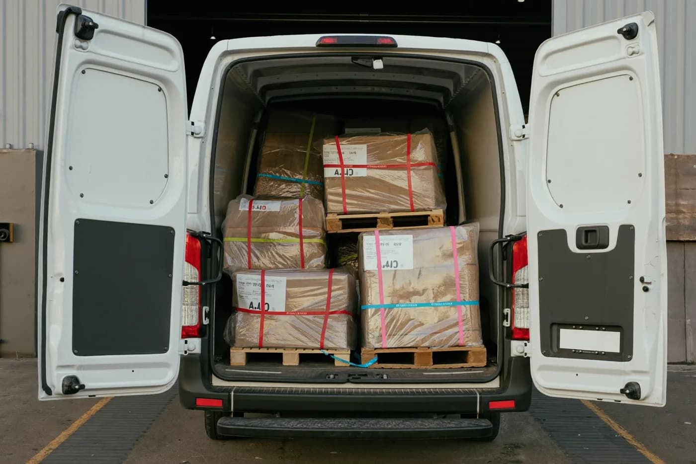 Offene Hecktüren eines Transporters an der Rampe, Ladefläche halb beladen mit gesicherten Paletten
